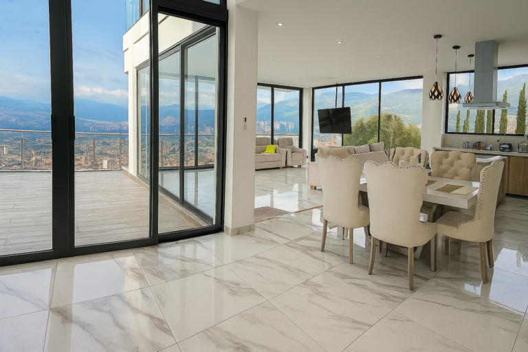 Open living terrace with panoramic Medellín view at The View private estate